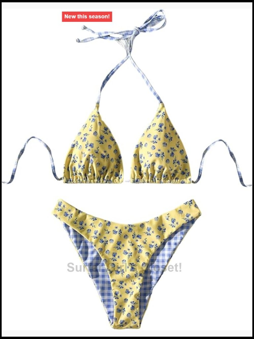 Gingham Bikini Set Triangle Halter Swimsuit Floral Boho Summer Two Piece